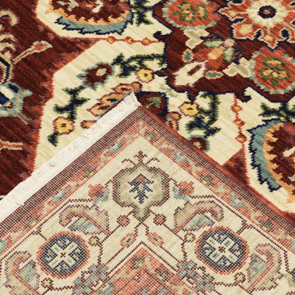 8' X 11' Red And Ivory Oriental Area Rug With Fringe