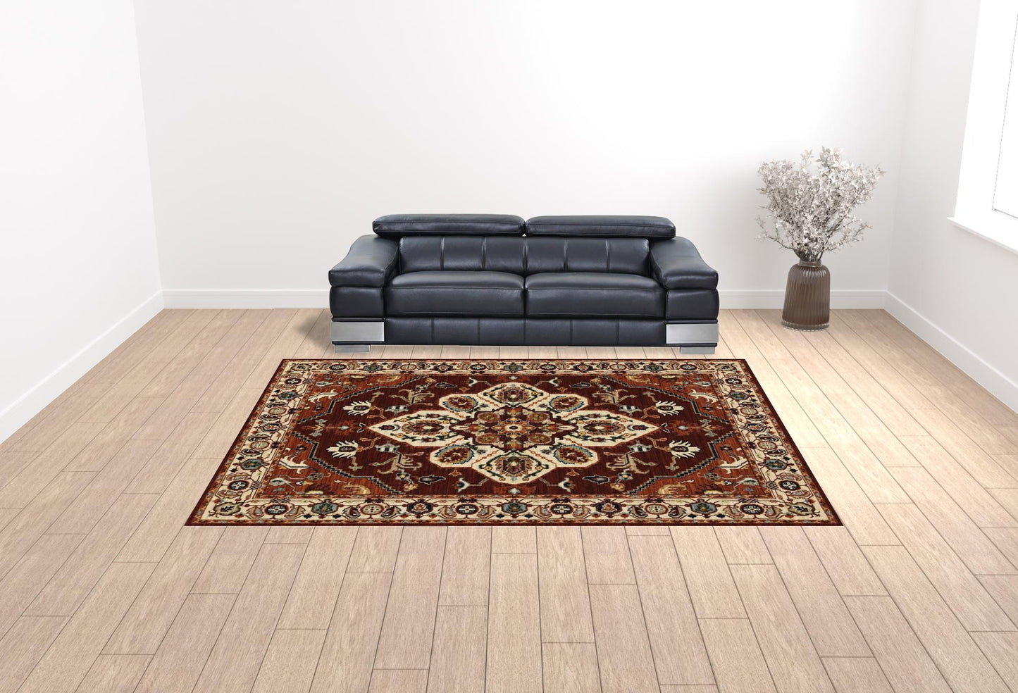 10' X 13' Red Ivory Orange And Blue Oriental Power Loom Stain Resistant Area Rug With Fringe