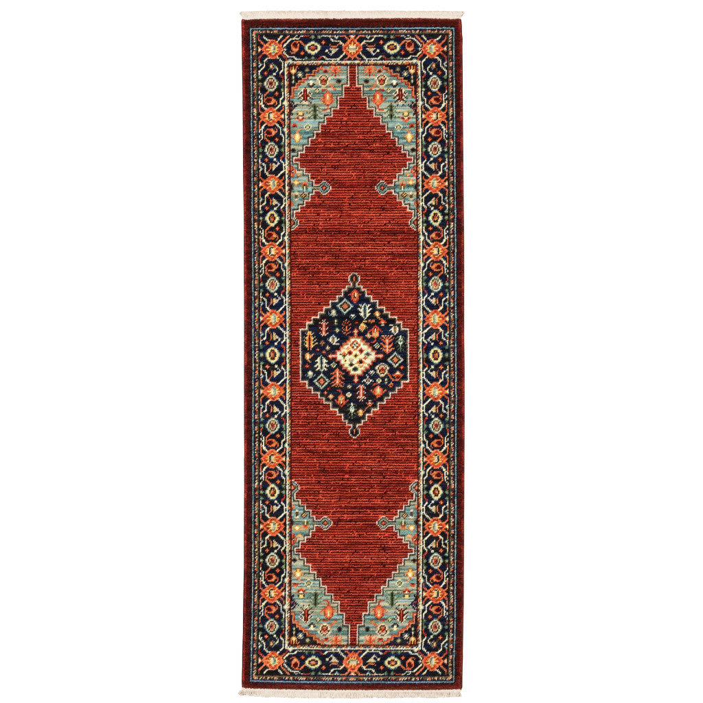 6' Blue and Red Medallion Power Loom Runner Rug