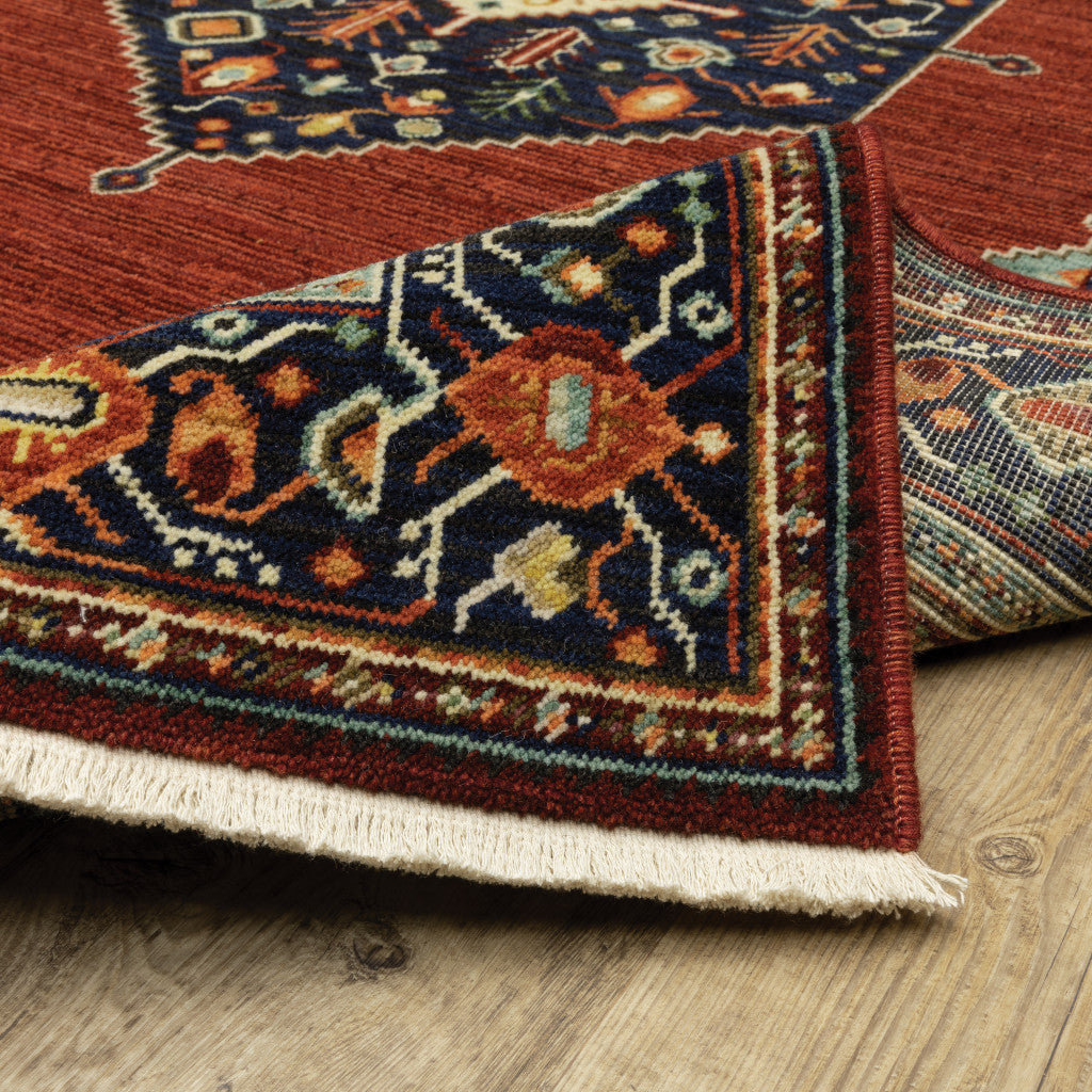 6' Blue and Red Medallion Power Loom Runner Rug