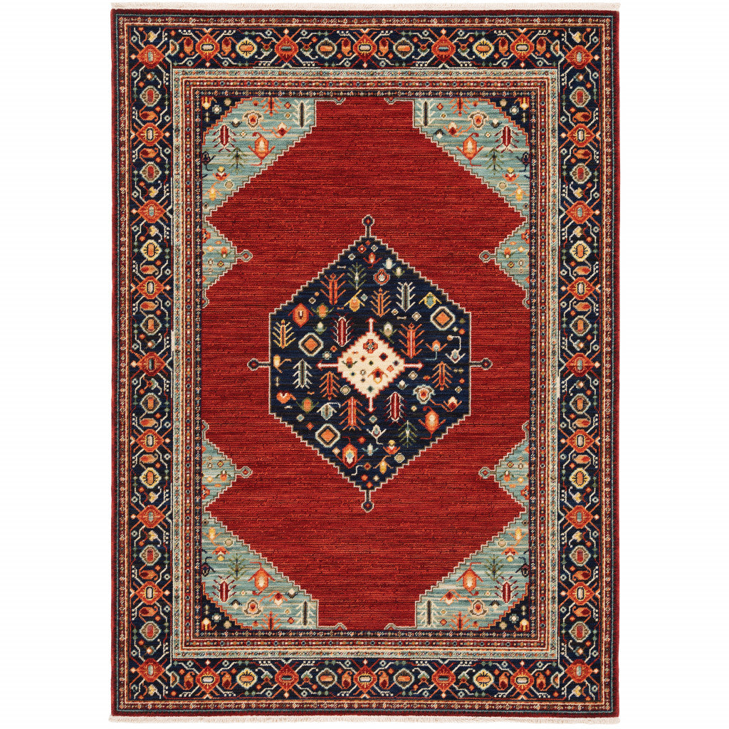 5' X 8' Blue and Red Oriental Power Loom Area Rug With Fringe