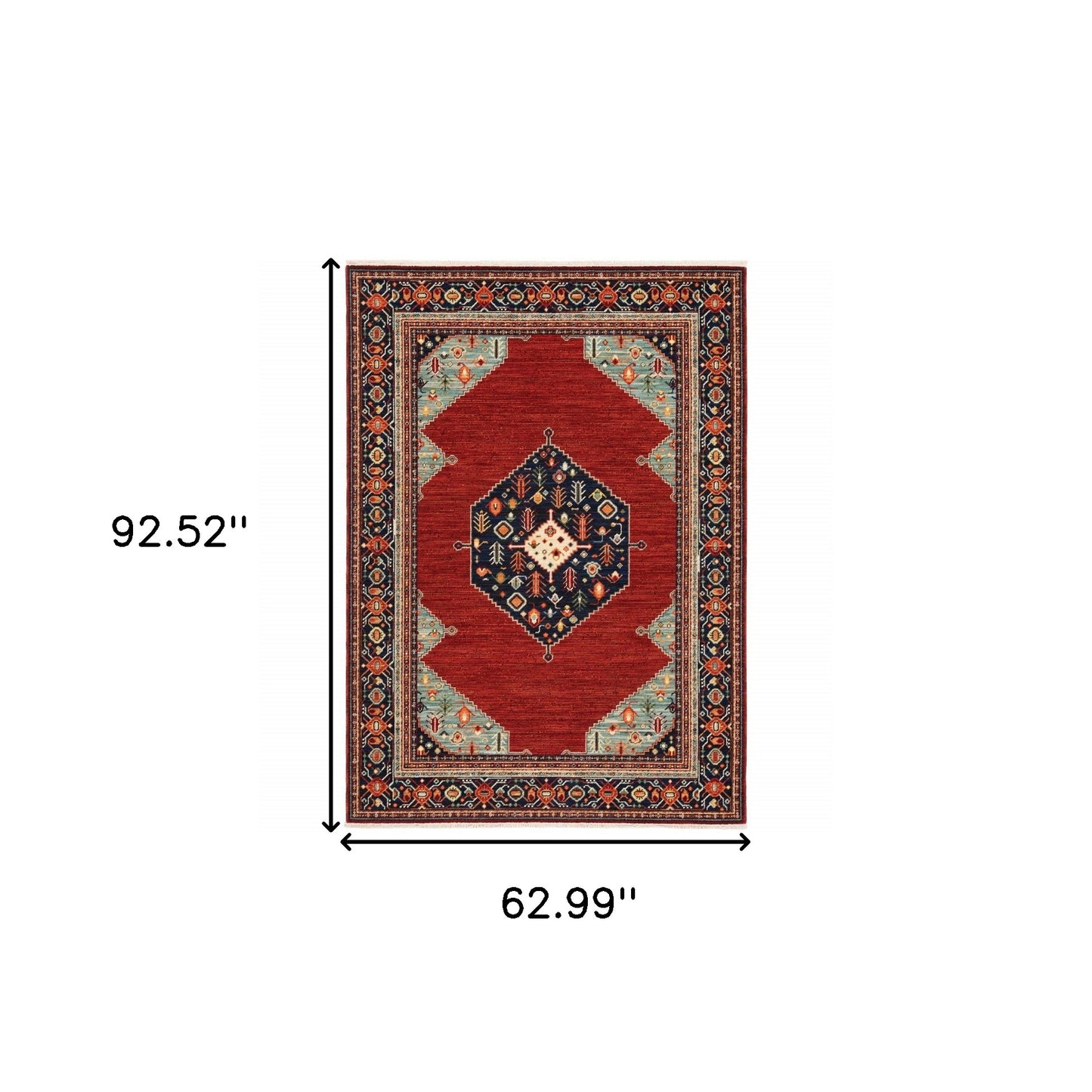 5' X 8' Red Blue Orange And Ivory Oriental Power Loom Stain Resistant Area Rug With Fringe