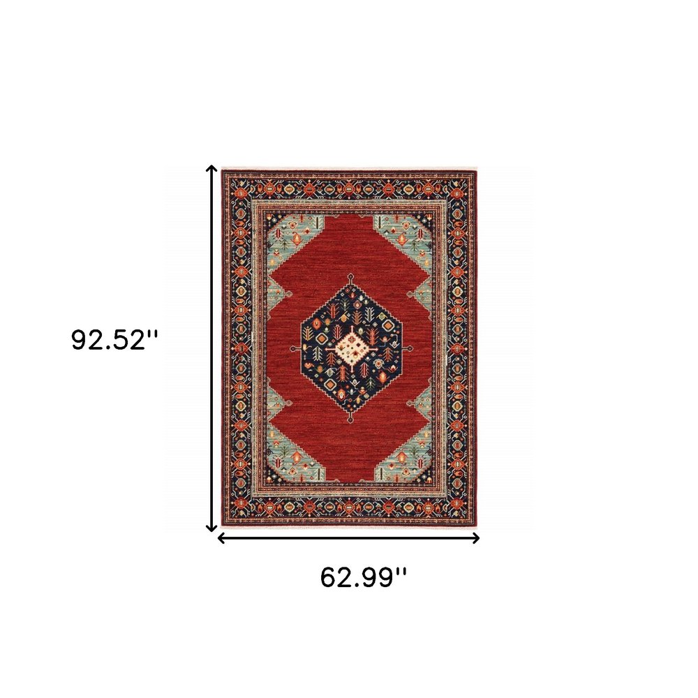 5' X 8' Red Blue And Black Oriental Area Rug With Fringe
