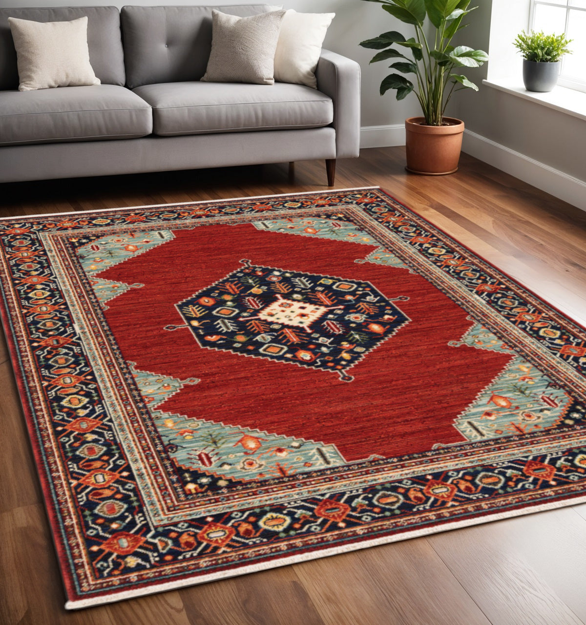 5' X 8' Blue and Red Oriental Power Loom Area Rug With Fringe