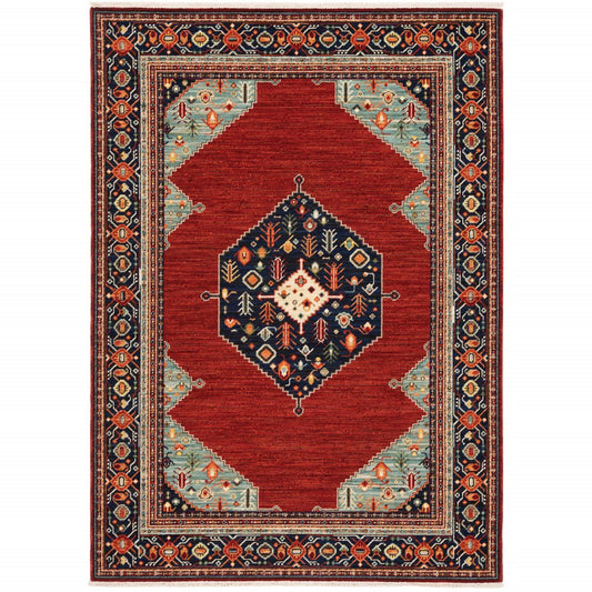 5' X 8' Red Blue And Black Oriental Area Rug With Fringe