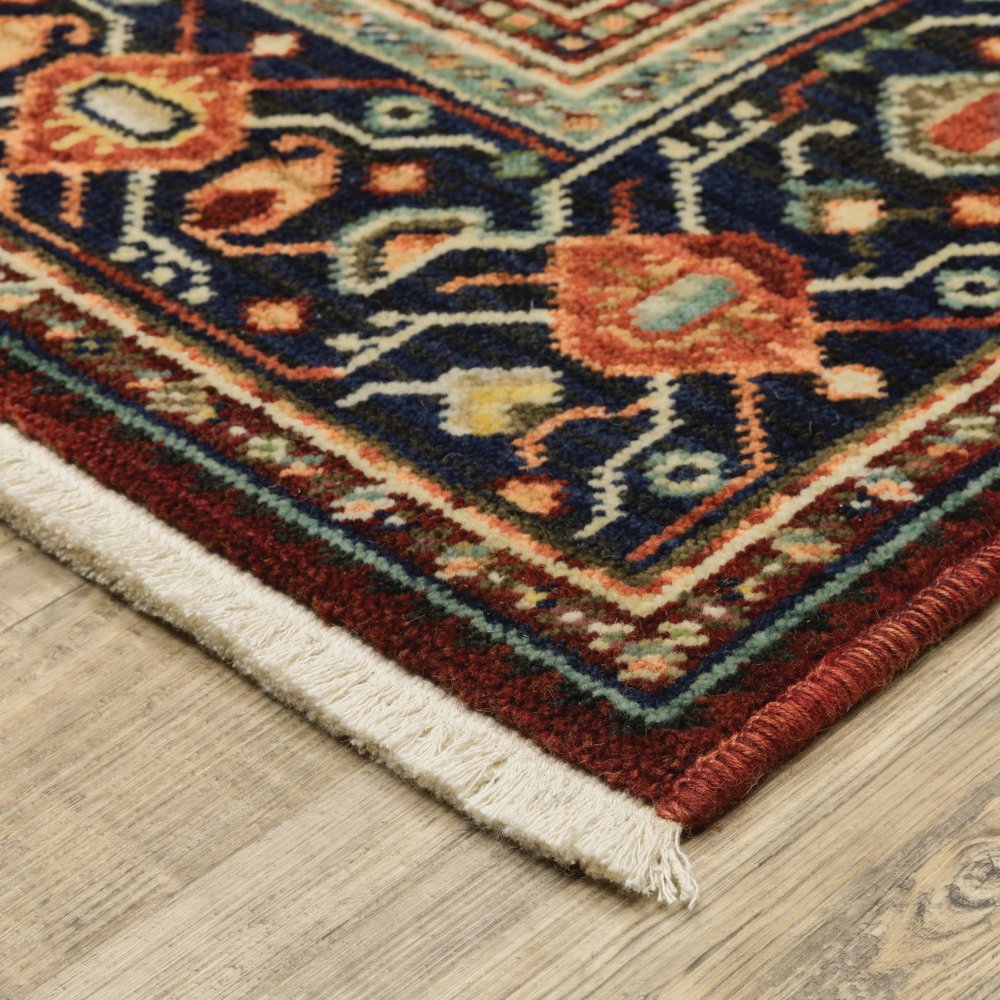 5' X 8' Red Blue And Black Oriental Area Rug With Fringe