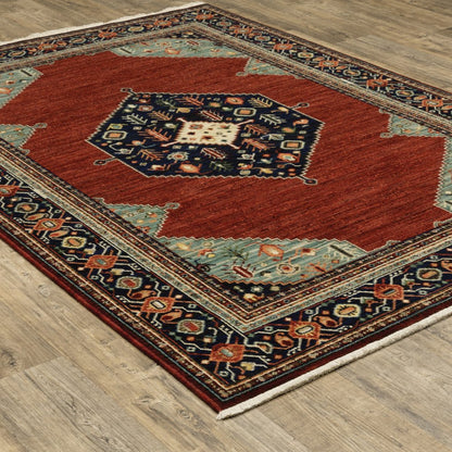 5' X 8' Red Blue And Black Oriental Area Rug With Fringe