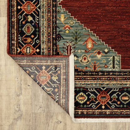 5' X 8' Red Blue And Black Oriental Area Rug With Fringe