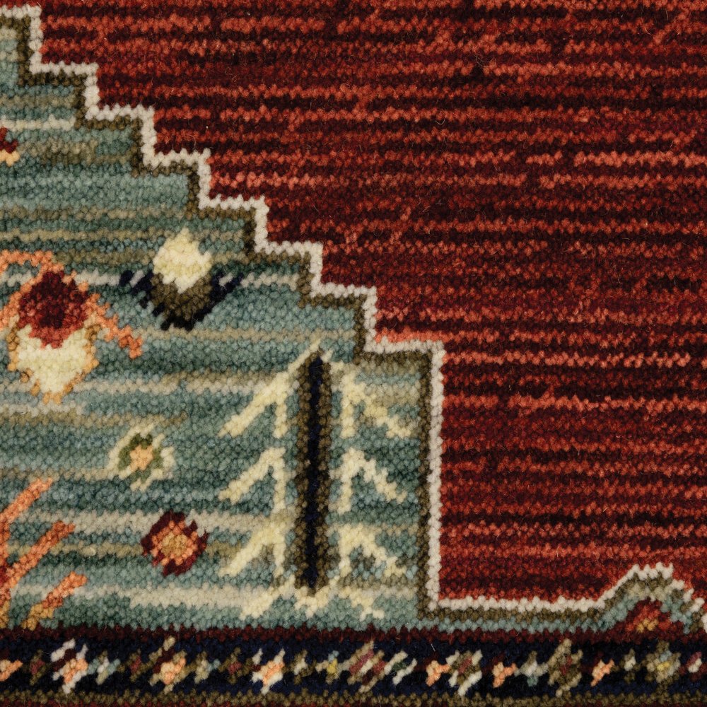 5' X 8' Red Blue And Black Oriental Area Rug With Fringe