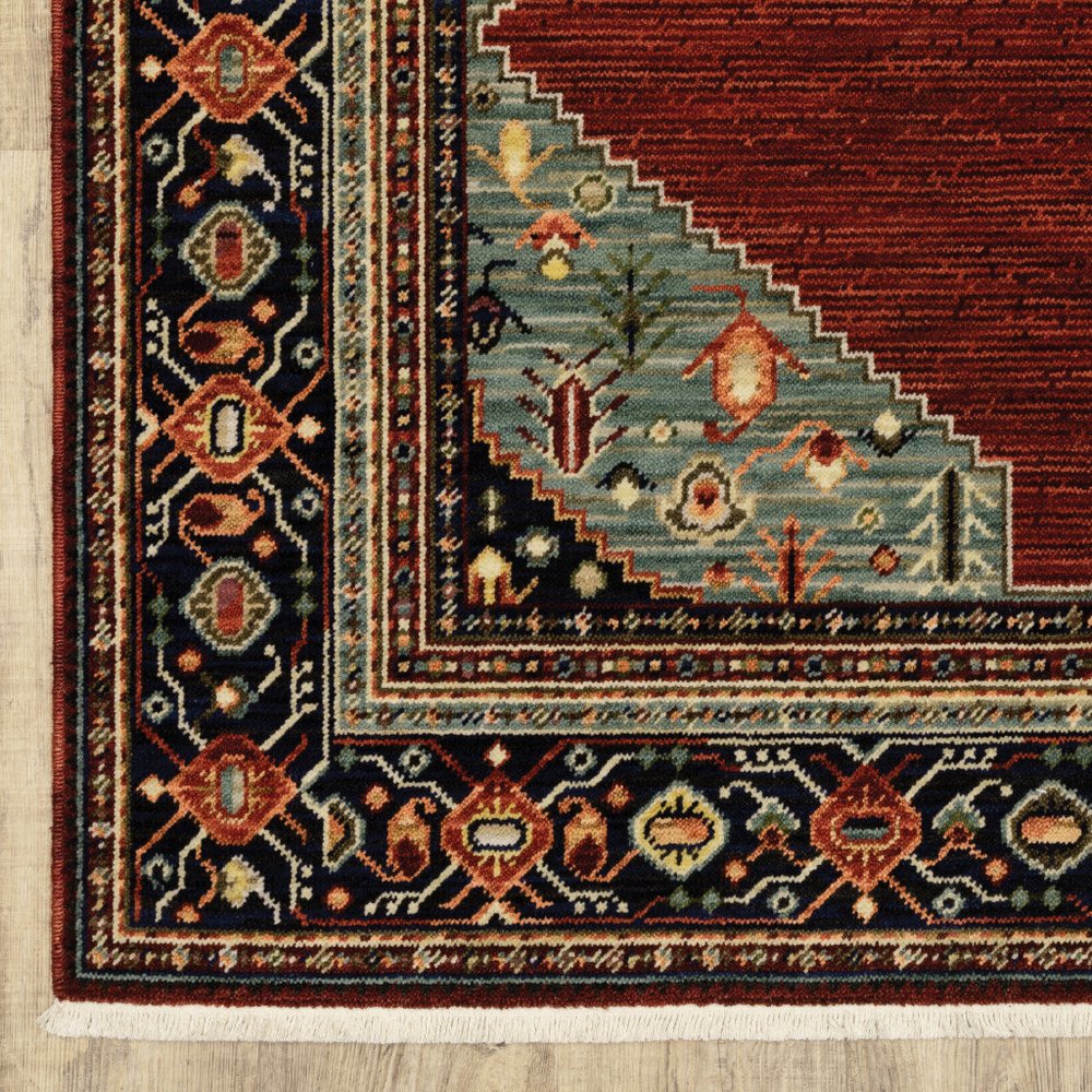 5' X 8' Red Blue And Black Oriental Area Rug With Fringe