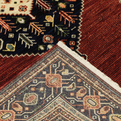 5' X 8' Red Blue And Black Oriental Area Rug With Fringe