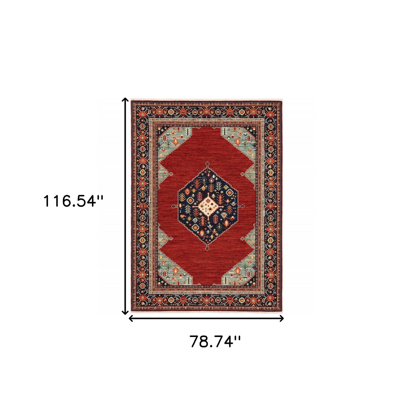 6' X 9' Blue And Red Oriental Power Loom Area Rug With Fringe