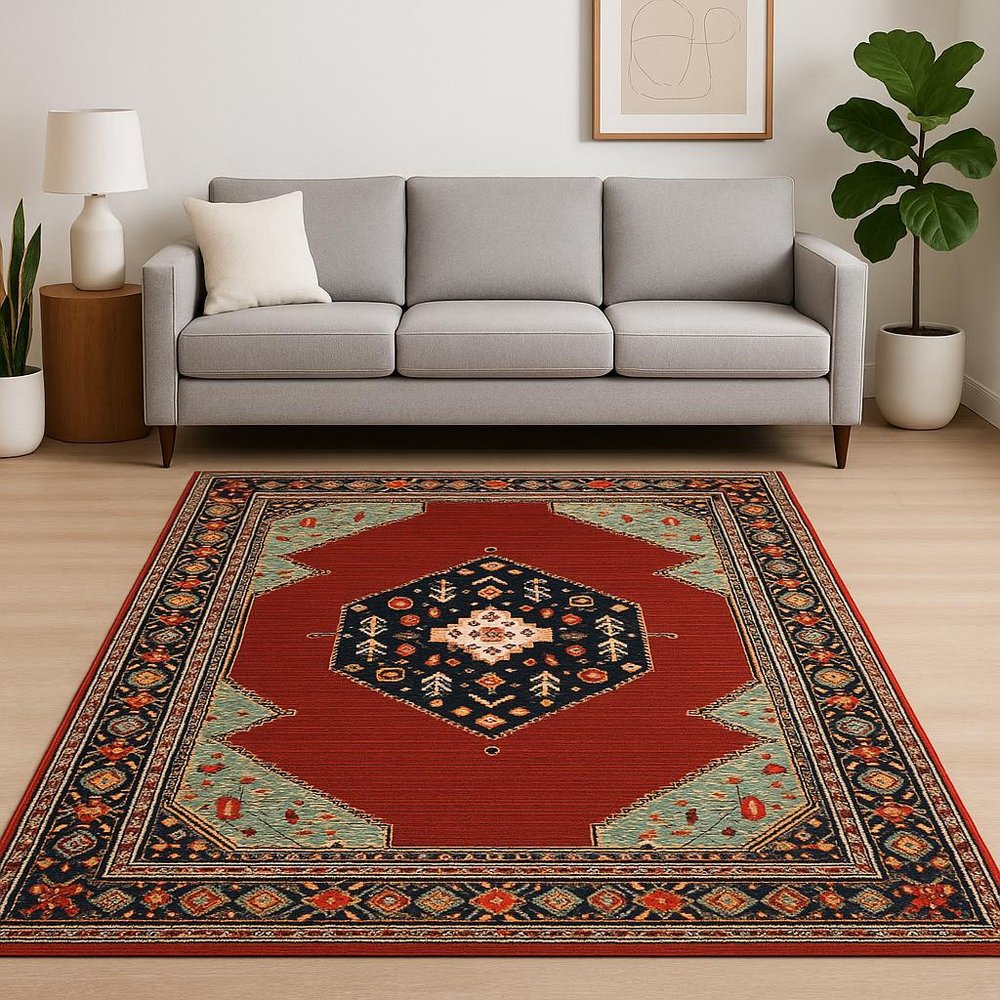 8' X 11' Red Blue Orange And Ivory Oriental Power Loom Stain Resistant Area Rug With Fringe