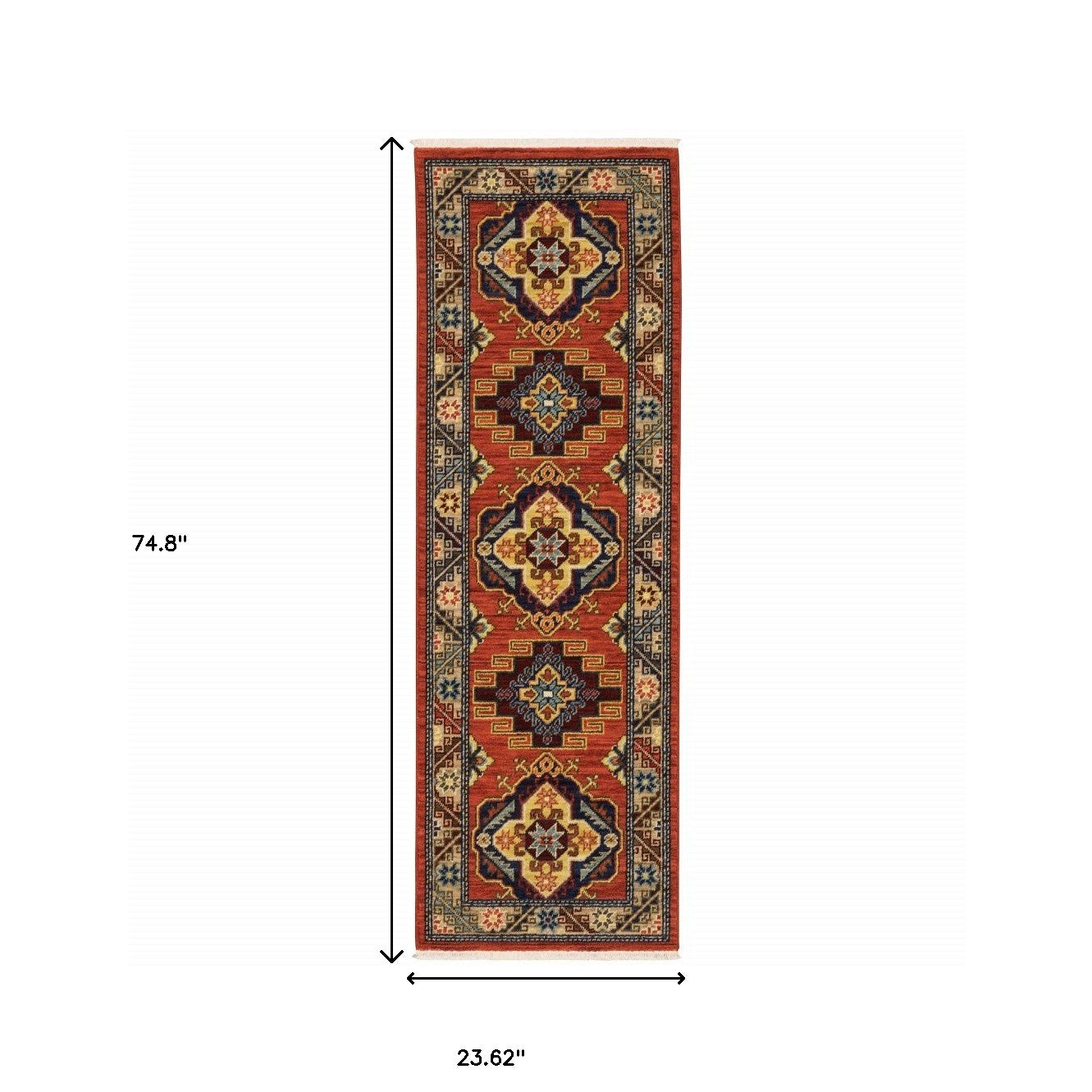 2' X 6' Red Gold Blue Brown Oriental Power Loom Stain Resistant Runner Rug With Fringe