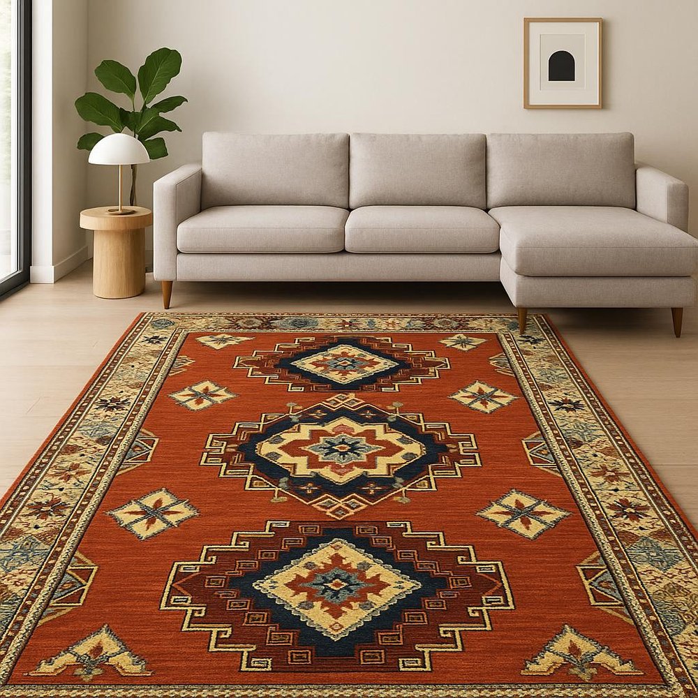 8' X 11' Red Gold Blue Brown Oriental Power Loom Stain Resistant Area Rug With Fringe