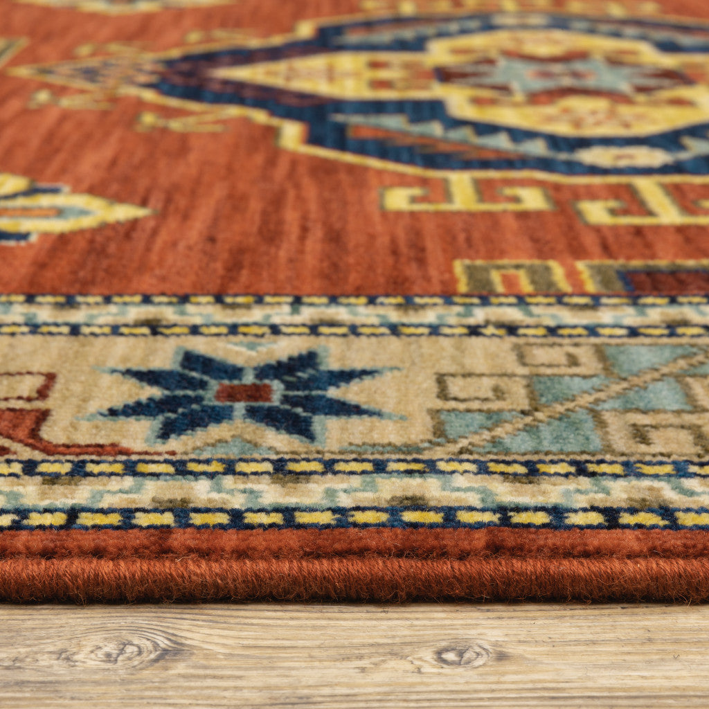 8' X 11' Red Gold Blue Brown Oriental Power Loom Stain Resistant Area Rug With Fringe