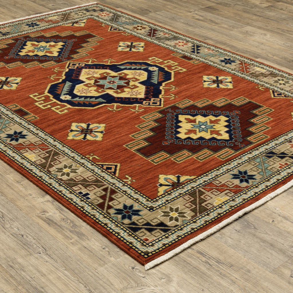 8' X 11' Red Gold Blue Brown Oriental Power Loom Stain Resistant Area Rug With Fringe