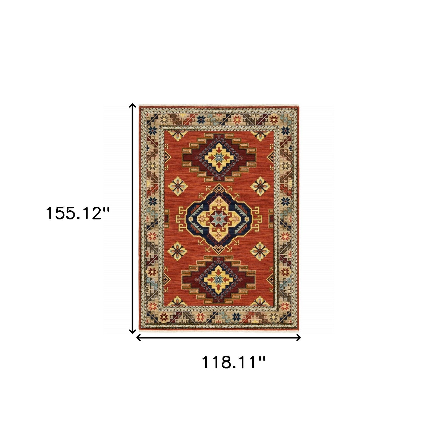 10' X 13' Red Gold Blue Brown Oriental Power Loom Stain Resistant Area Rug With Fringe