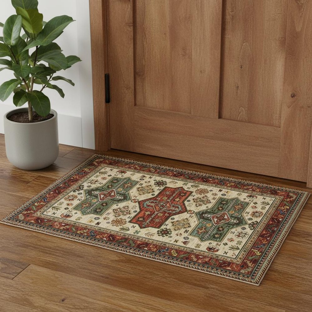 3' X 5' Brick Red Orange Rust Beige Gold Pale Blue Olive Navy And Black Oriental Power Loom Stain Resistant Area Rug With Fringe