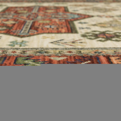 3' X 5' Brick Red Orange Rust Beige Gold Pale Blue Olive Navy And Black Oriental Power Loom Stain Resistant Area Rug With Fringe