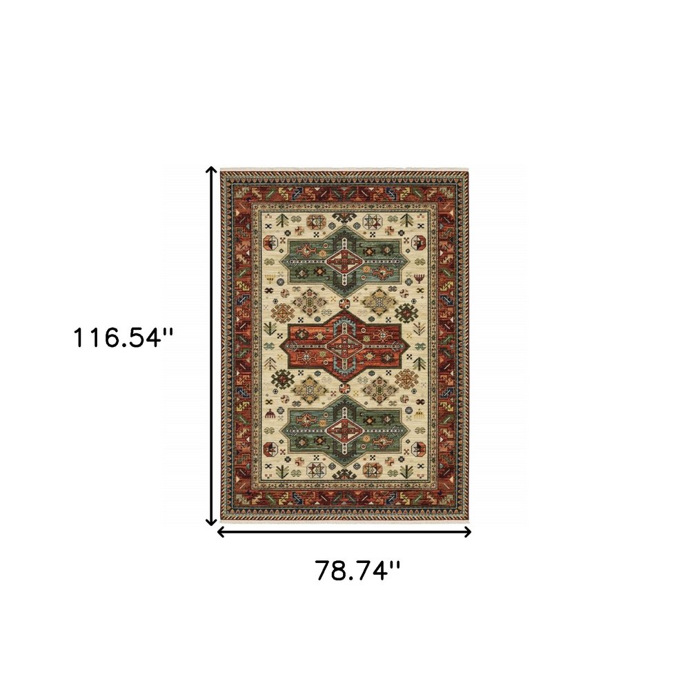 6' X 9' Brick Red Orange Rust Beige Gold Pale Blue Olive Navy And Black Oriental Power Loom Stain Resistant Area Rug With Fringe