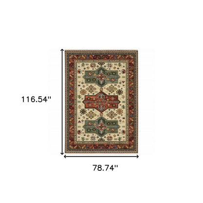 6' X 9' Brick Red Orange Rust Beige Gold Pale Blue Olive Navy And Black Oriental Power Loom Stain Resistant Area Rug With Fringe