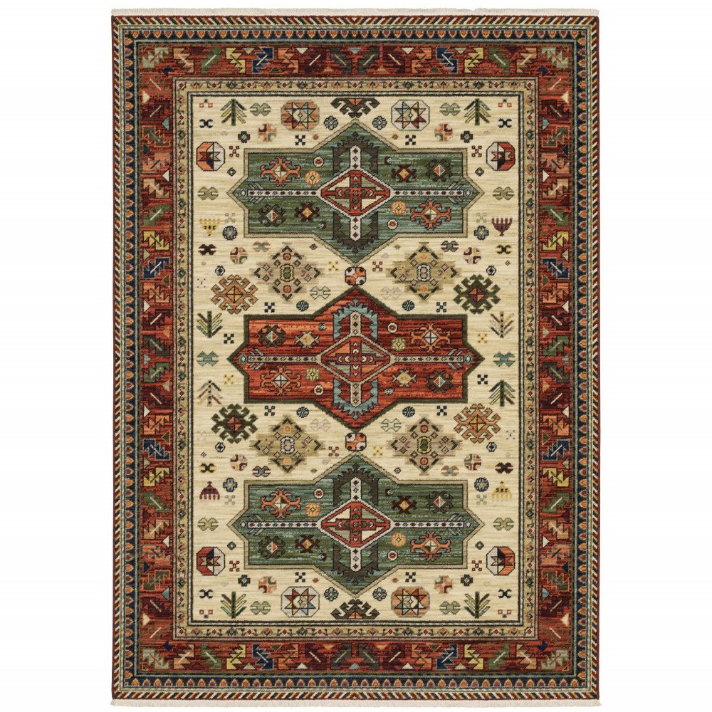 6' X 9' Brick Red Orange Rust Beige Gold Pale Blue Olive Navy And Black Oriental Power Loom Stain Resistant Area Rug With Fringe