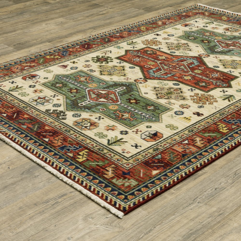 6' X 9' Brick Red Orange Rust Beige Gold Pale Blue Olive Navy And Black Oriental Power Loom Stain Resistant Area Rug With Fringe
