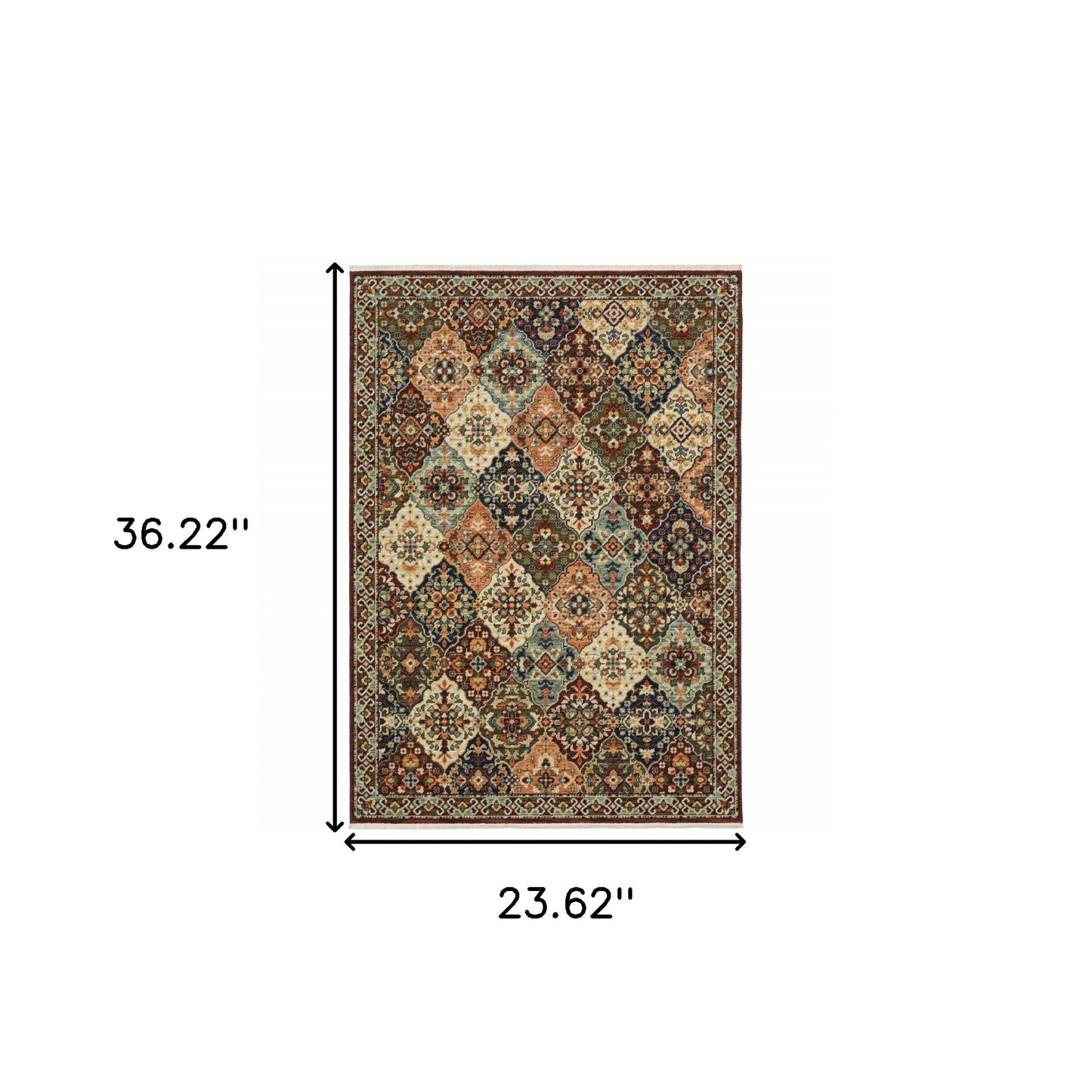 2' X 3' Red Rust Navy Light Blue Brown Orange Ivory And Gold Oriental Power Loom Stain Resistant Area Rug With Fringe
