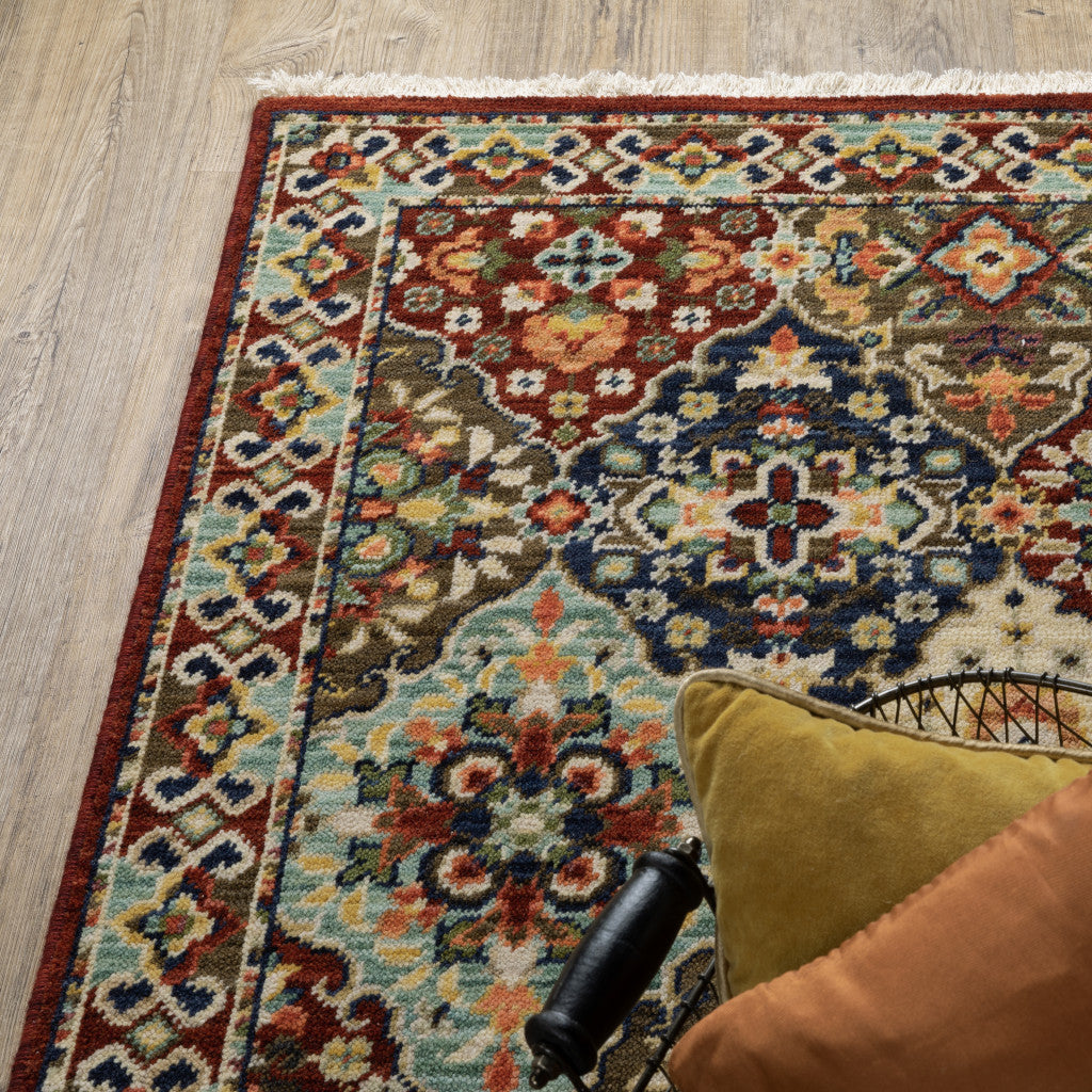 2' X 6' Red Rust Navy Light Blue Brown Orange Ivory And Gold Oriental Power Loom Stain Resistant Runner Rug With Fringe