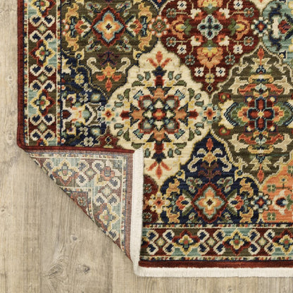 2' X 6' Red Rust Navy Light Blue Brown Orange Ivory And Gold Oriental Power Loom Stain Resistant Runner Rug With Fringe