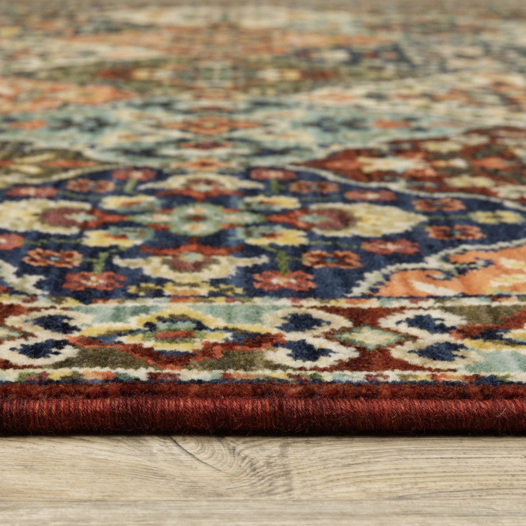 2' X 6' Red Rust Navy Light Blue Brown Orange Ivory And Gold Oriental Power Loom Stain Resistant Runner Rug With Fringe