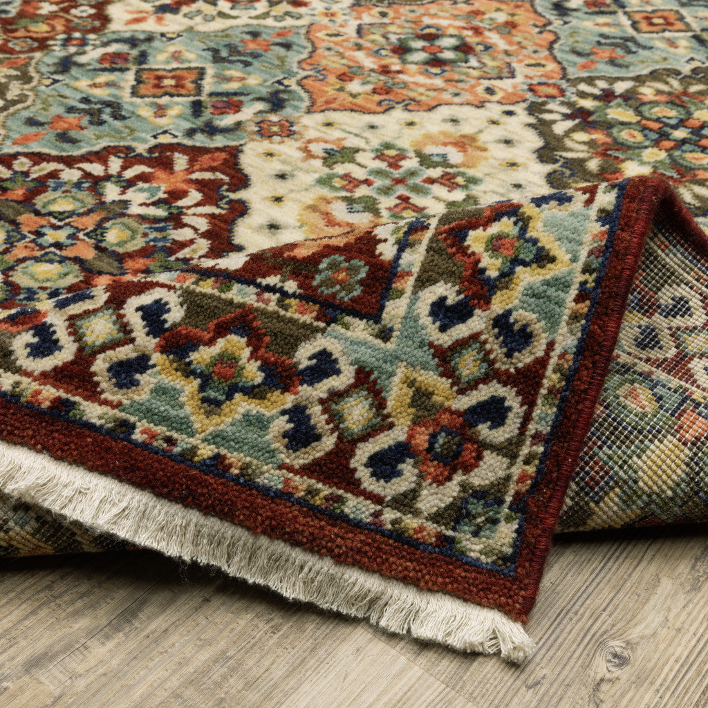 2' X 6' Red Rust Navy Light Blue Brown Orange Ivory And Gold Oriental Power Loom Stain Resistant Runner Rug With Fringe