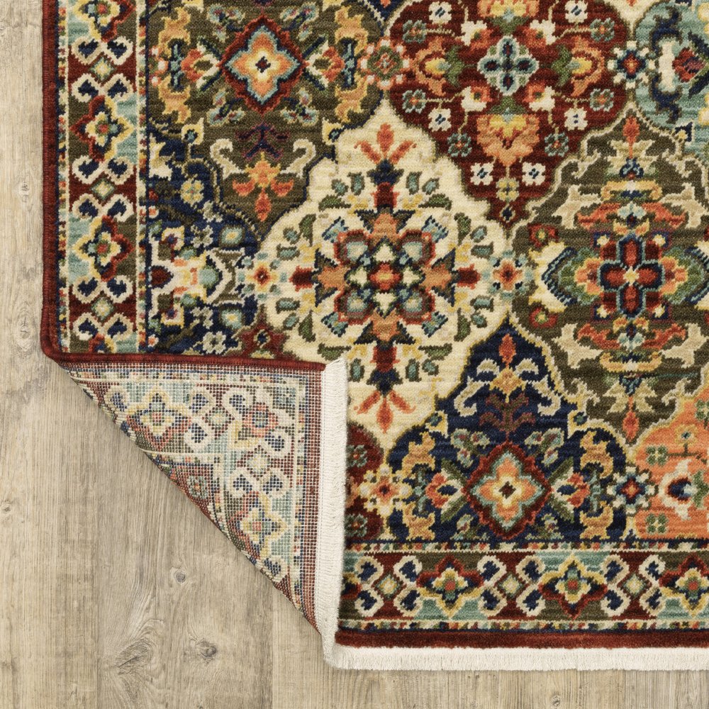 3' X 5' Red Rust Navy Light Blue Brown Orange Ivory And Gold Oriental Power Loom Stain Resistant Area Rug With Fringe