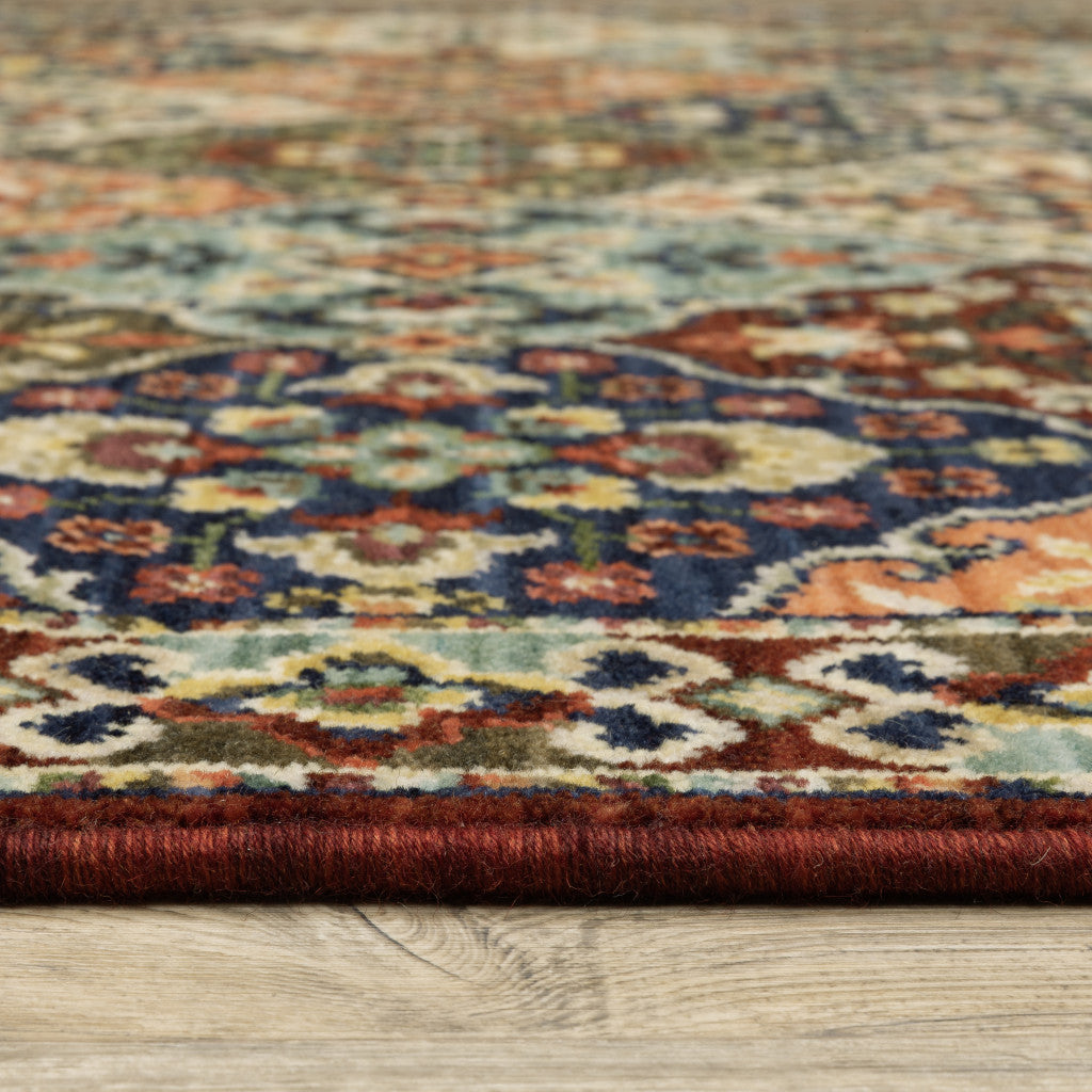 3' X 5' Red Rust Navy Light Blue Brown Orange Ivory And Gold Oriental Power Loom Stain Resistant Area Rug With Fringe