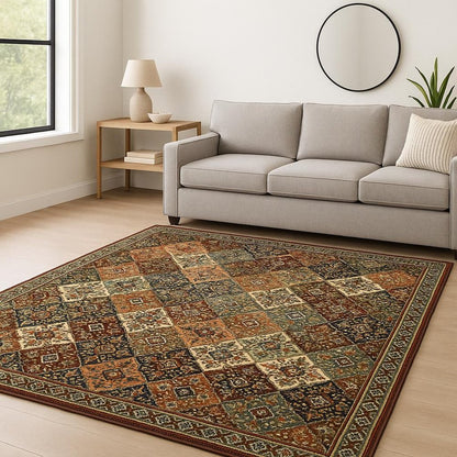 8' X 11' Red Rust Navy Light Blue Brown Orange Ivory And Gold Oriental Power Loom Stain Resistant Area Rug With Fringe