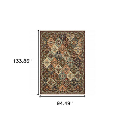 8' X 11' Red Rust Navy Light Blue Brown Orange Ivory And Gold Oriental Power Loom Stain Resistant Area Rug With Fringe