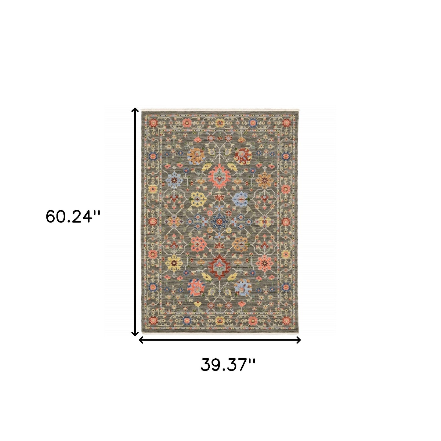 3' X 5' Grey Salmon Pink Gold Blue Rust Deep Blue Ivory And Green Oriental Power Loom Stain Resistant Area Rug With Fringe