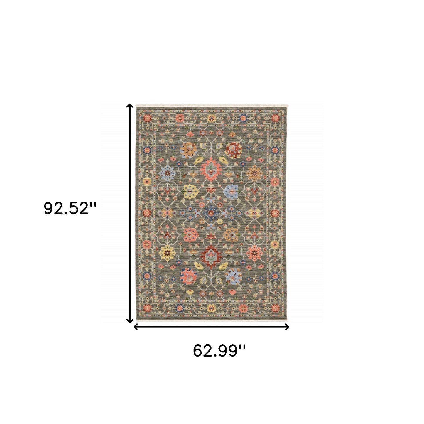 5' X 8' Grey Salmon Pink Gold Blue Rust Deep Blue Ivory And Green Oriental Power Loom Stain Resistant Area Rug With Fringe