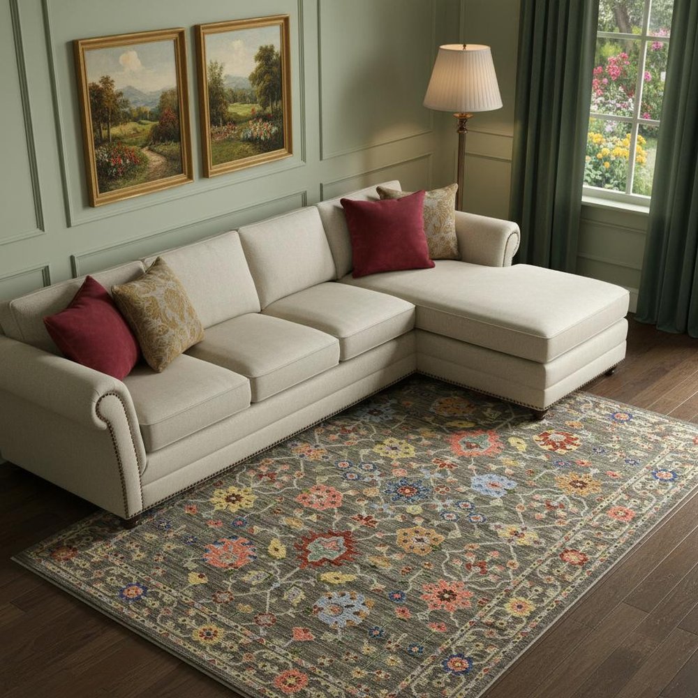6' X 9' Grey Salmon Pink Gold Blue Rust Deep Blue Ivory And Green Oriental Power Loom Stain Resistant Area Rug With Fringe