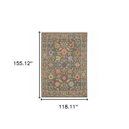 10' X 13' Grey Salmon Pink Gold Blue Rust Deep Blue Ivory And Green Oriental Power Loom Stain Resistant Area Rug With Fringe