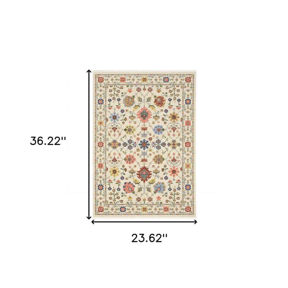 2' X 3' Ivory Oriental Power Loom Stain Resistant Area Rug With Fringe