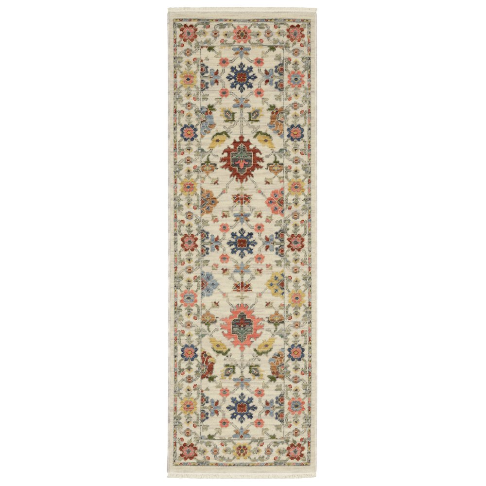 2' X 6' Ivory Salmon Pink Gold Blues Grey Rust And Green Oriental Power Loom Stain Resistant Runner Rug With Fringe