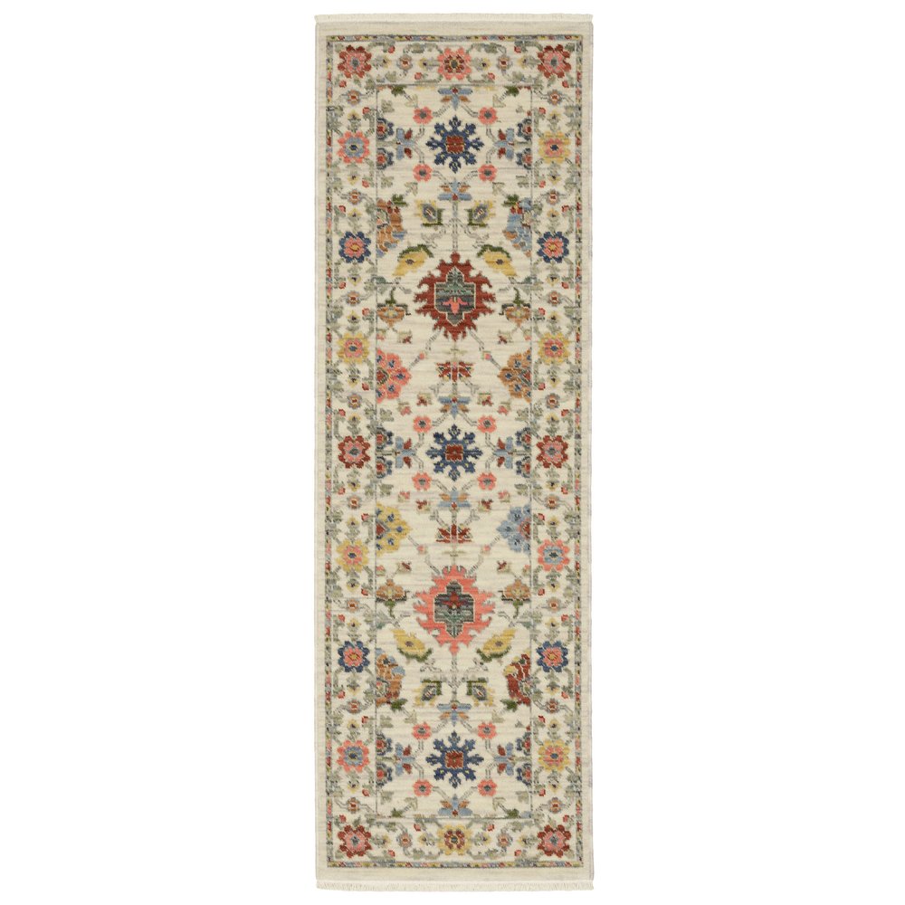 2' X 6' Ivory Salmon Pink Gold Blues Grey Rust And Green Oriental Power Loom Stain Resistant Runner Rug With Fringe