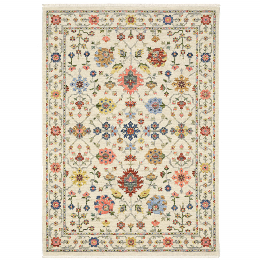 3' X 5' Ivory Salmon Pink Gold Blues Grey Rust And Green Oriental Power Loom Stain Resistant Area Rug With Fringe