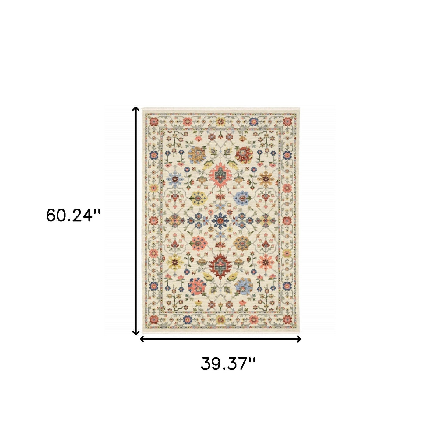 3' X 5' Ivory Salmon Pink Gold Blues Grey Rust And Green Oriental Power Loom Stain Resistant Area Rug With Fringe