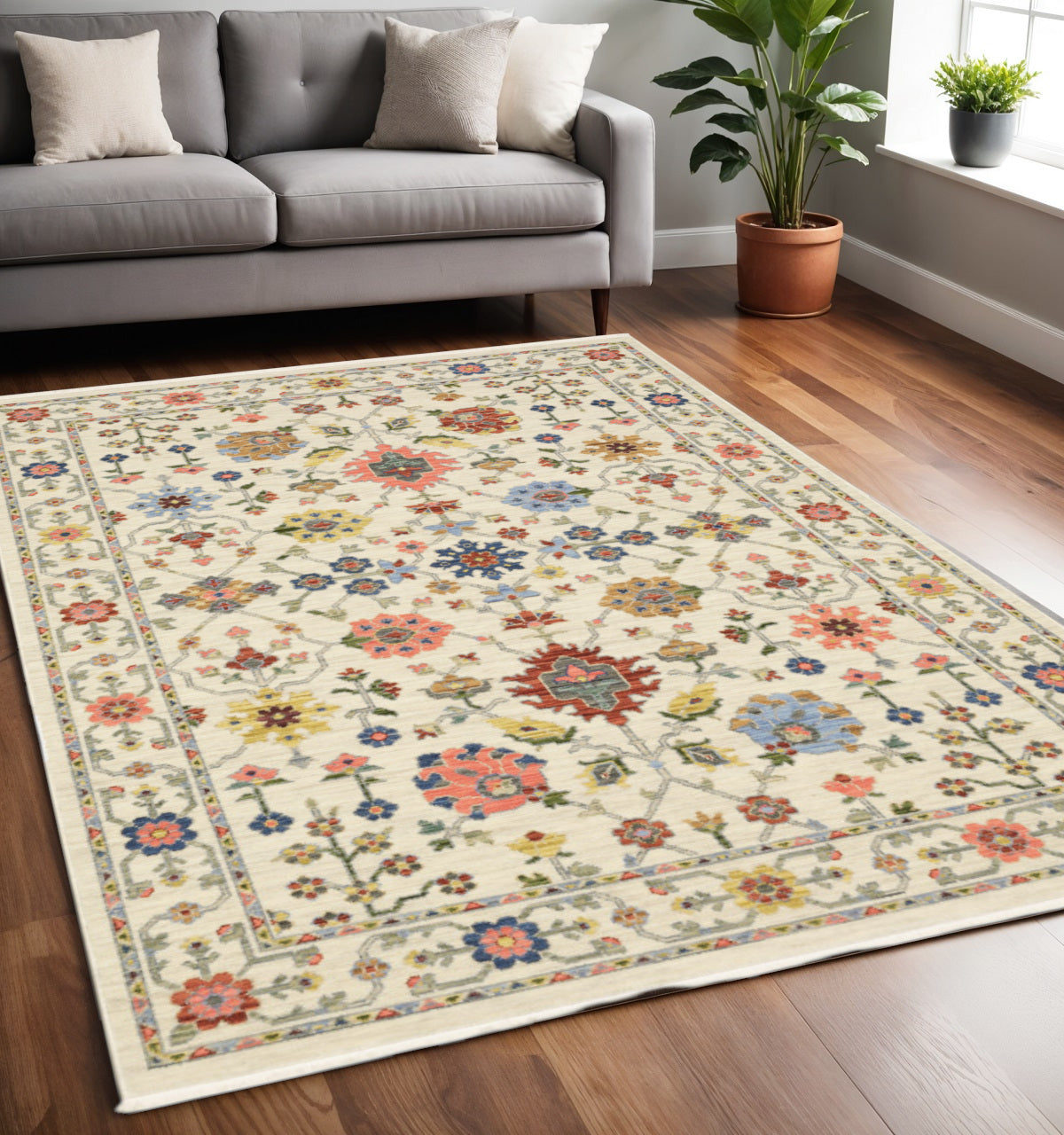 5' X 8' Ivory and Blue Oriental Power Loom Area Rug With Fringe