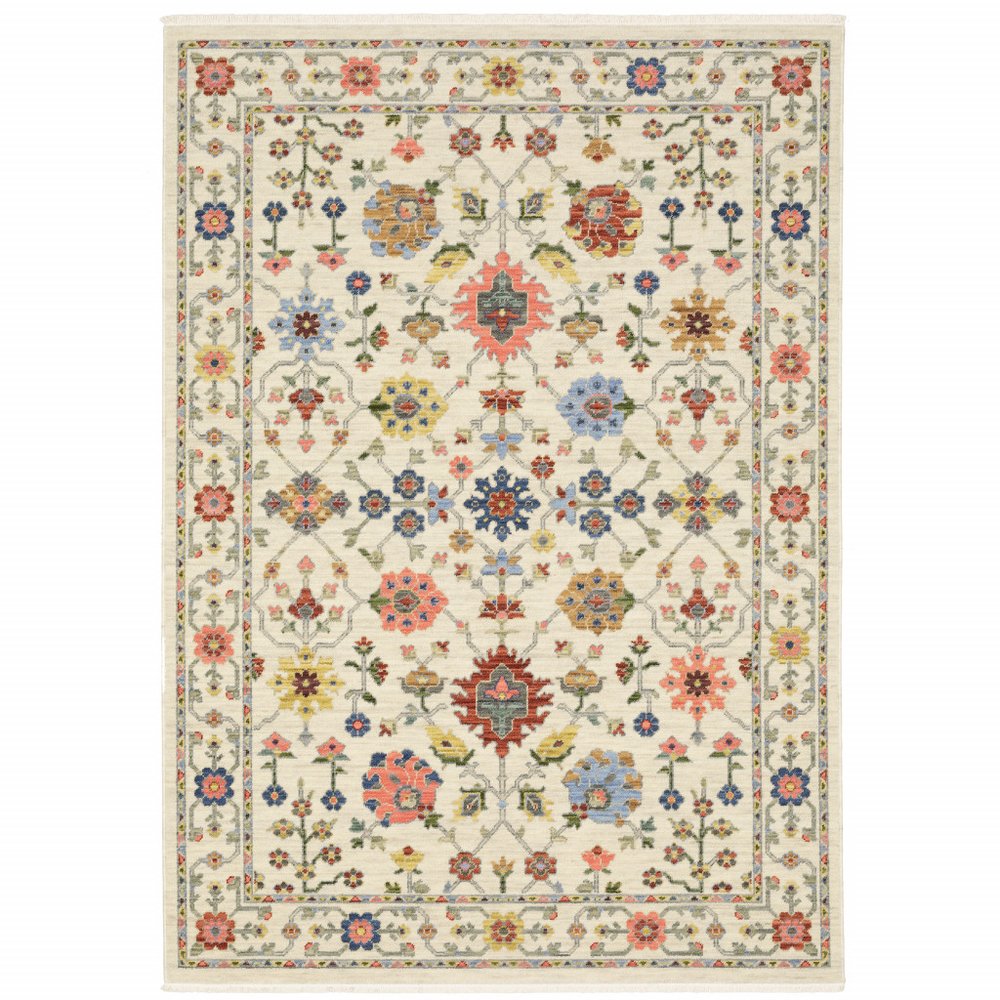 5' X 8' Ivory Blue And Red Oriental Area Rug With Fringe