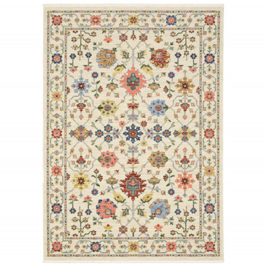 5' X 8' Ivory Blue And Red Oriental Area Rug With Fringe