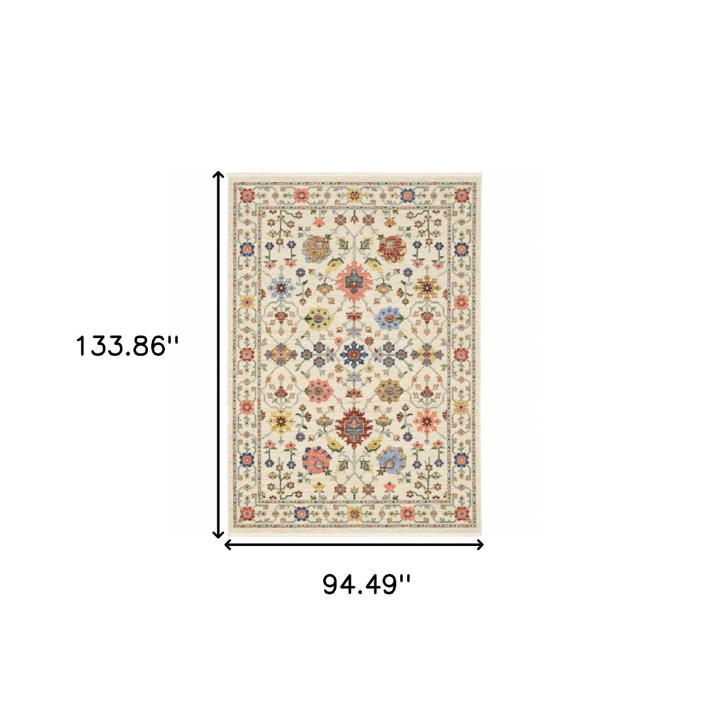 8' X 11' Ivory Salmon Pink Gold Blues Grey Rust And Green Oriental Power Loom Stain Resistant Area Rug With Fringe